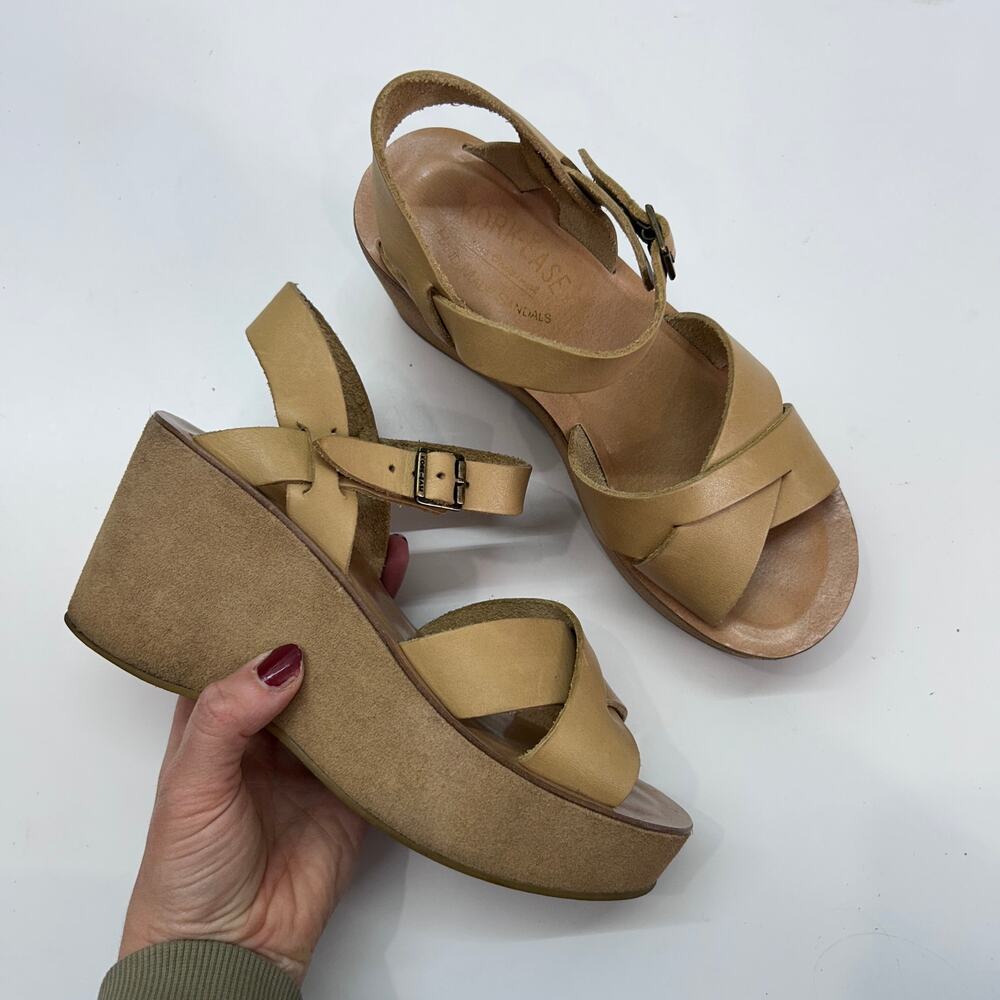 $150 Kork Ease Rina 2.0 Wedge Sandal 6 Tan Leather Platform Ankle Strap
